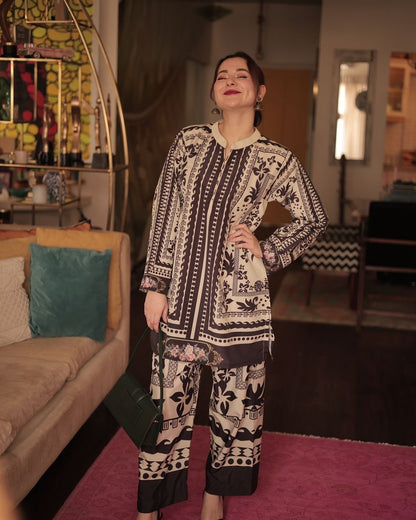 Crepe- Wrinkle Free & Flowy Unstitched 2 piece printed Co-Ord Outfit | WDR-113
